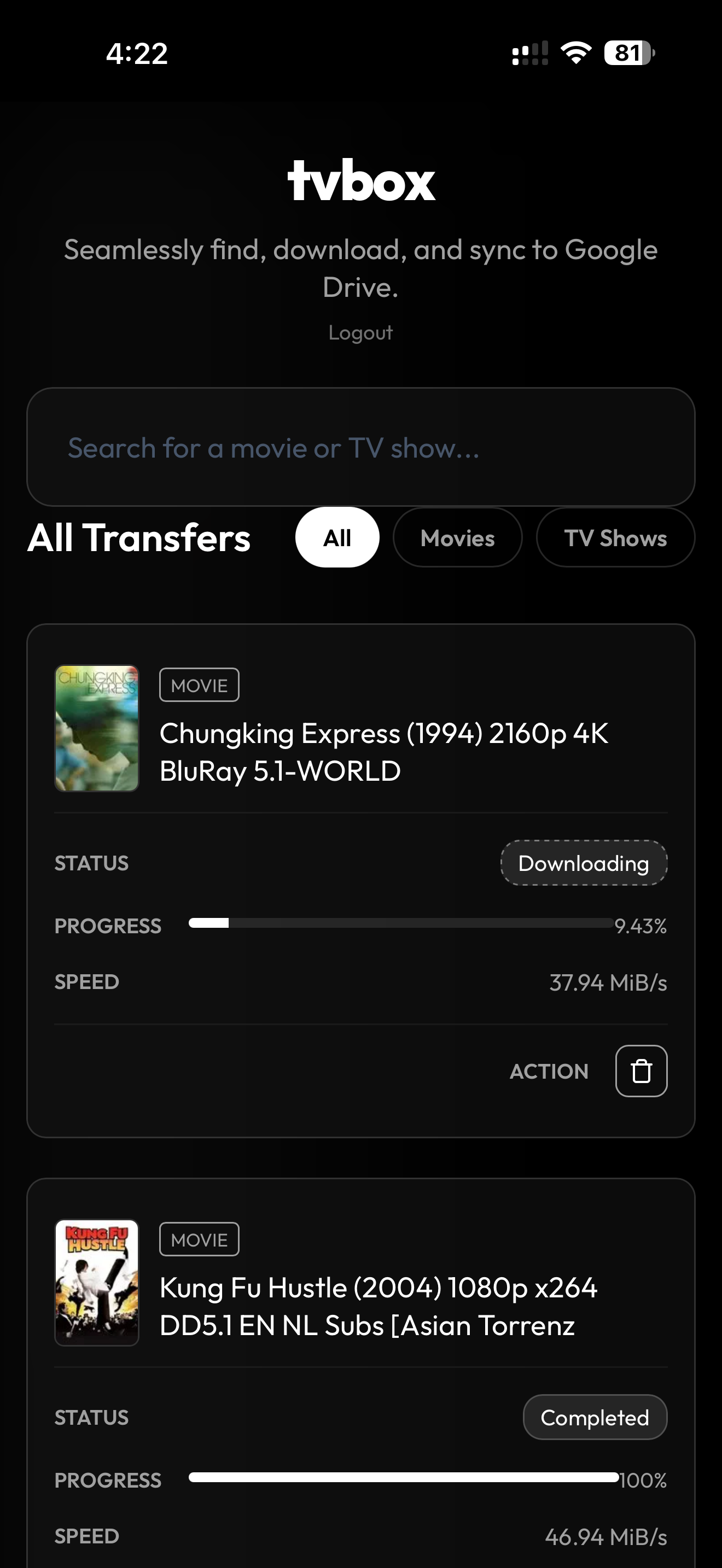 Downloads start in Background, and gets copied to Google Drive